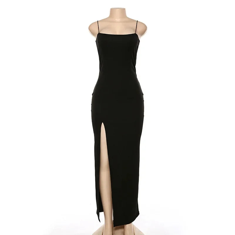 Women's summer bodycon dress with spaghetti straps and sleek solid color design.