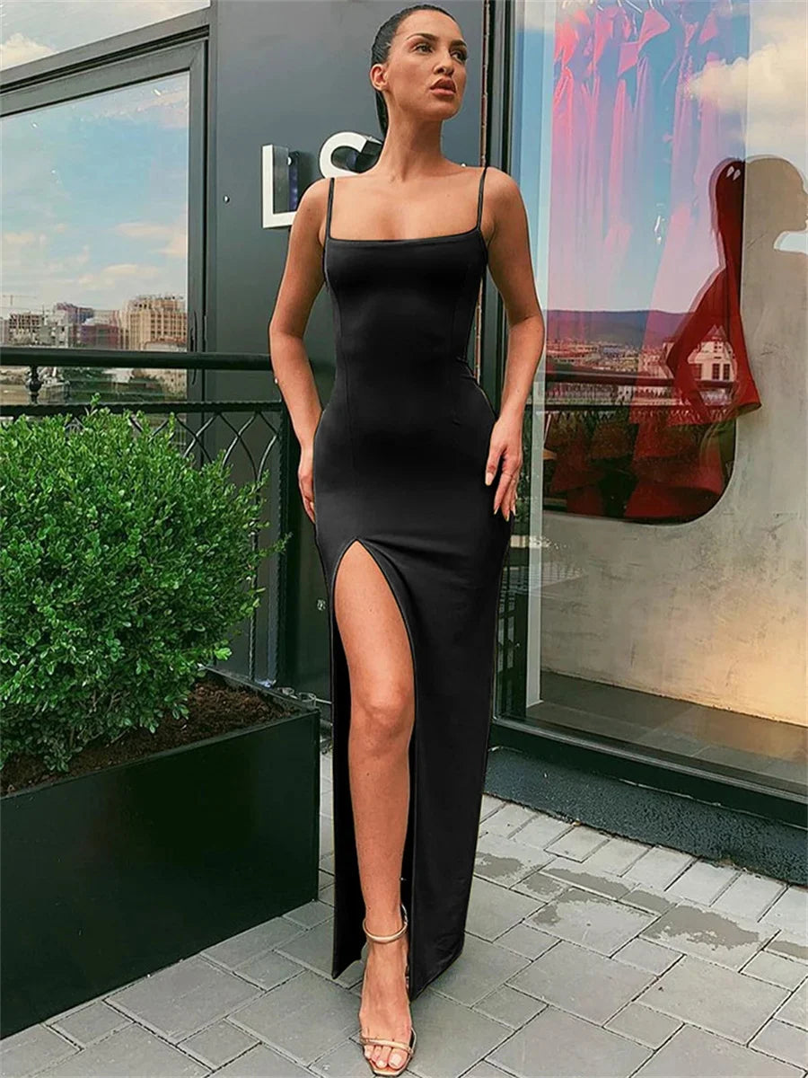 Women's summer bodycon dress with spaghetti straps and sleek solid color design.